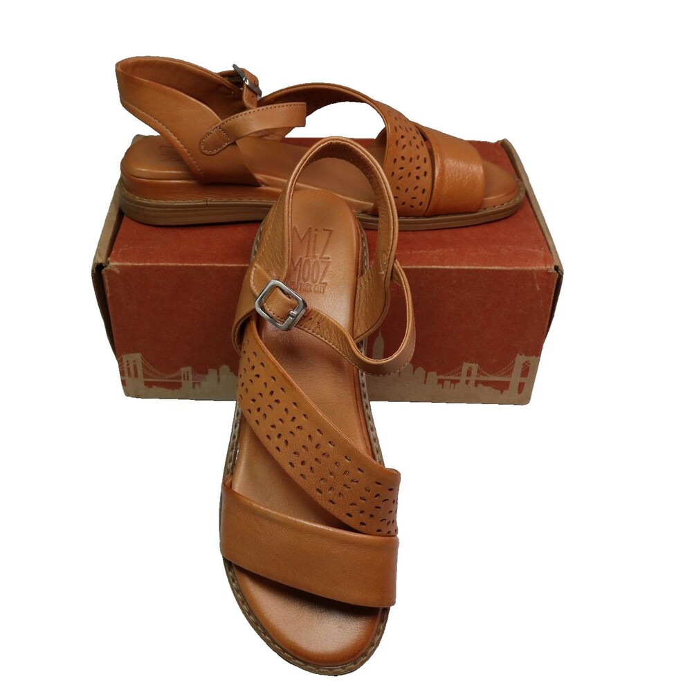 Miz Mooz Leather Adjustable Women Wedge Sandals Hazel EU42W 10.5-11W Brandy NWT